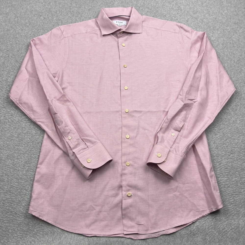 Eton Dress Shirt Mens L 16.5 Pink Houndstooth Slim Fit Wrinkle Free Cotton Linen